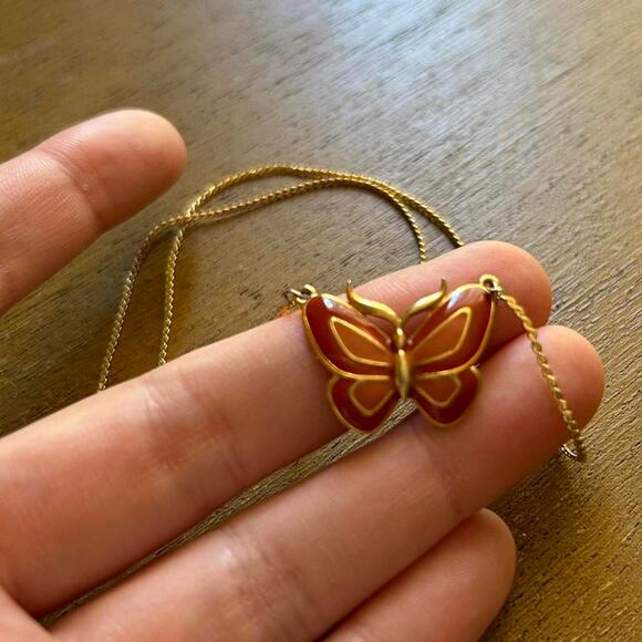 Vintage Gold Butterfly Necklace  Mod Burnt Orange red combo with gold detail - Picture 3 of 5